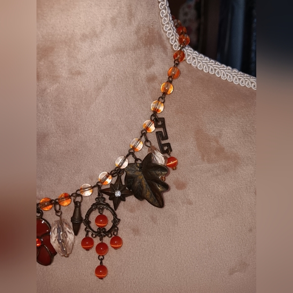 Vintage~Y2K Multi Charm Orange Bronze Floral Beaded Necklace - Picture 4 of 9